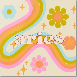 Aries 70s Rainbow with Flowers Posters and Art